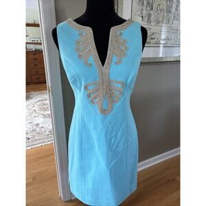 Lilly Pulitzer Women Janice Shift Dress Sea Blue Gold Accent Size 4 New cotton